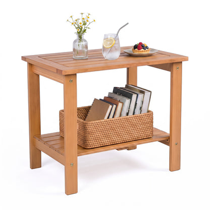 Table d'appoint d'extérieur en bois à 2 niveaux, plateau à lattes, étagère de rangement