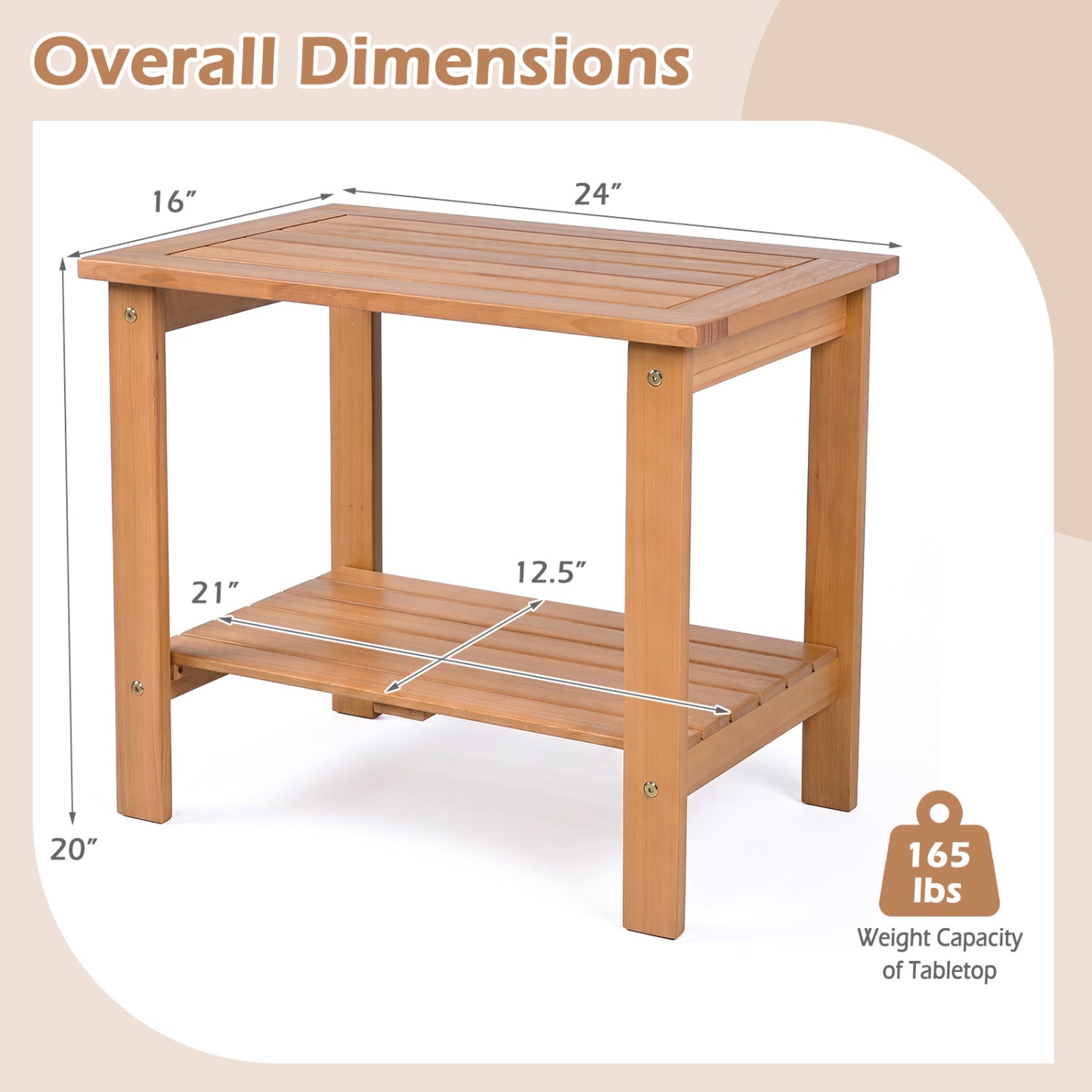 Table d'appoint d'extérieur en bois à 2 niveaux, plateau à lattes, étagère de rangement