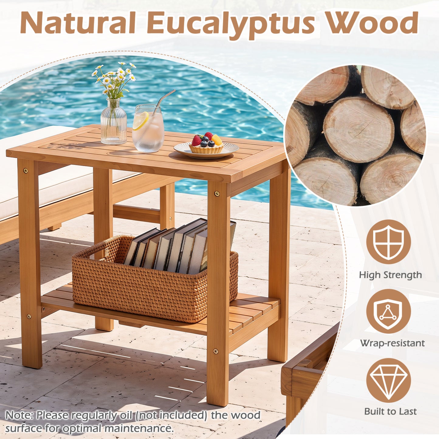 Table d'appoint d'extérieur en bois à 2 niveaux, plateau à lattes, étagère de rangement