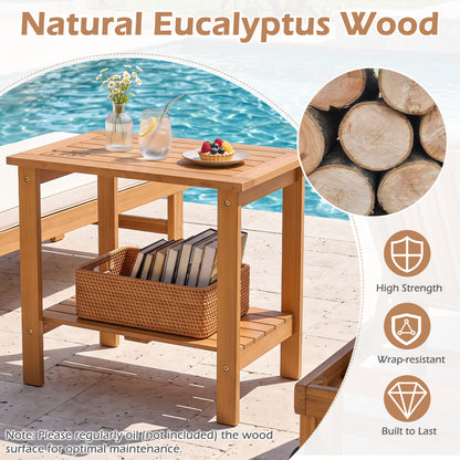 Table d'appoint d'extérieur en bois à 2 niveaux, plateau à lattes, étagère de rangement