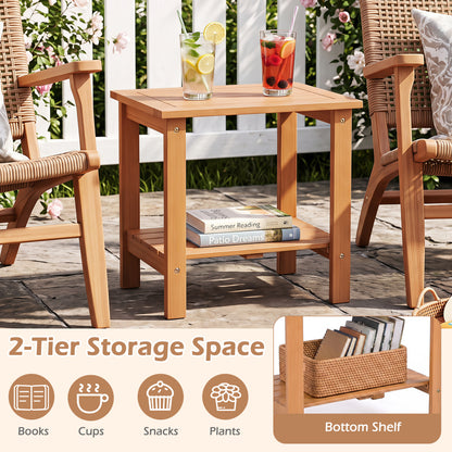 Table d'appoint d'extérieur en bois à 2 niveaux, plateau à lattes, étagère de rangement