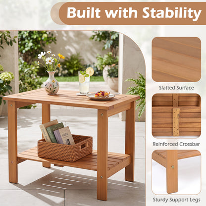 Table d'appoint d'extérieur en bois à 2 niveaux, plateau à lattes, étagère de rangement