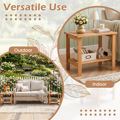 Table d'appoint d'extérieur en bois à 2 niveaux, plateau à lattes, étagère de rangement