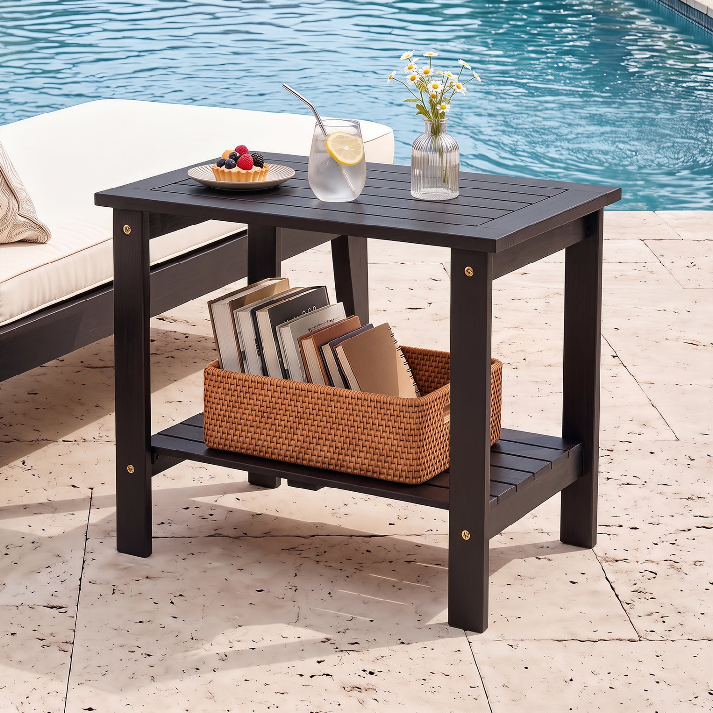 Table d'extrémité de patio en bois à 2 niveaux, noir