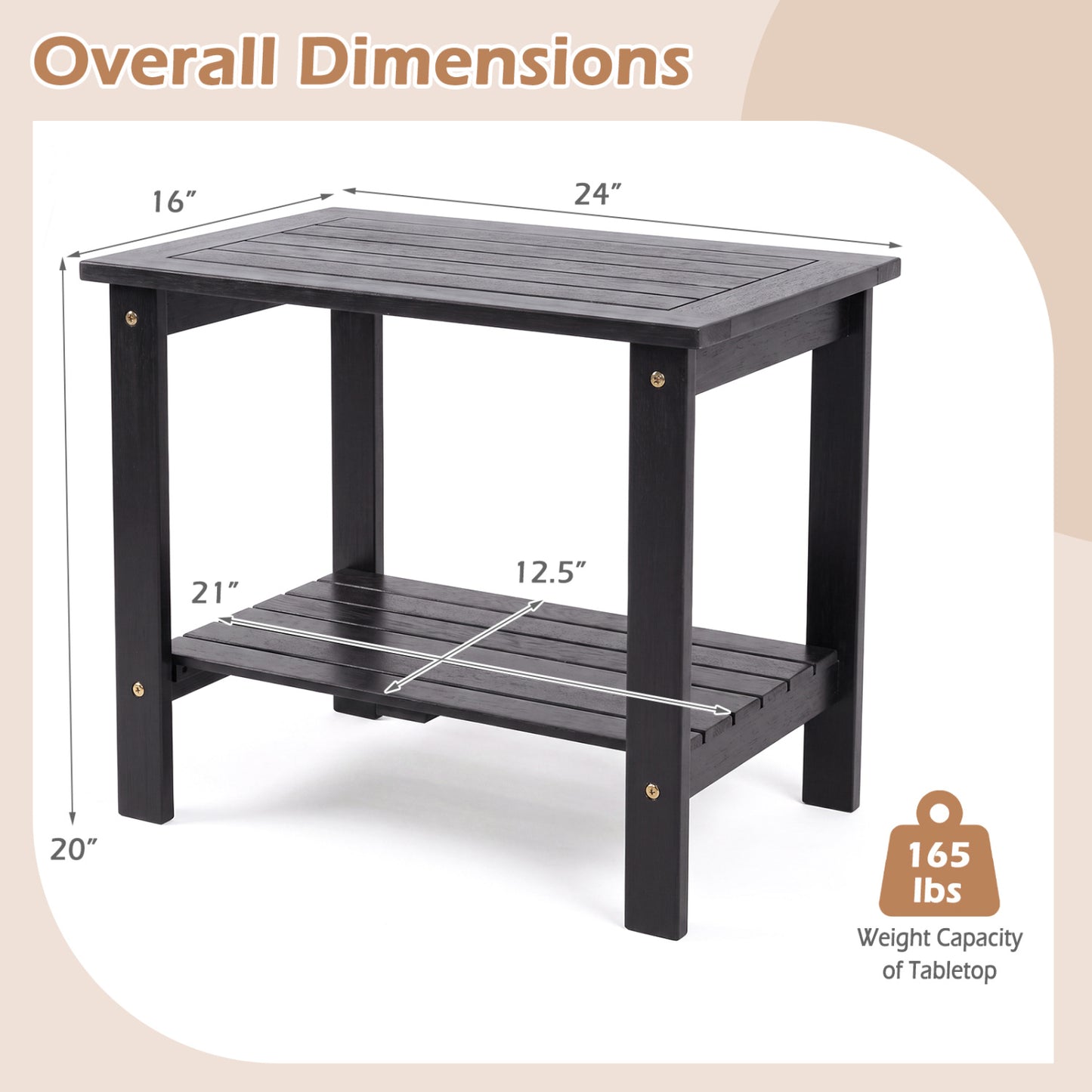 Table d'extrémité de patio en bois à 2 niveaux, noir