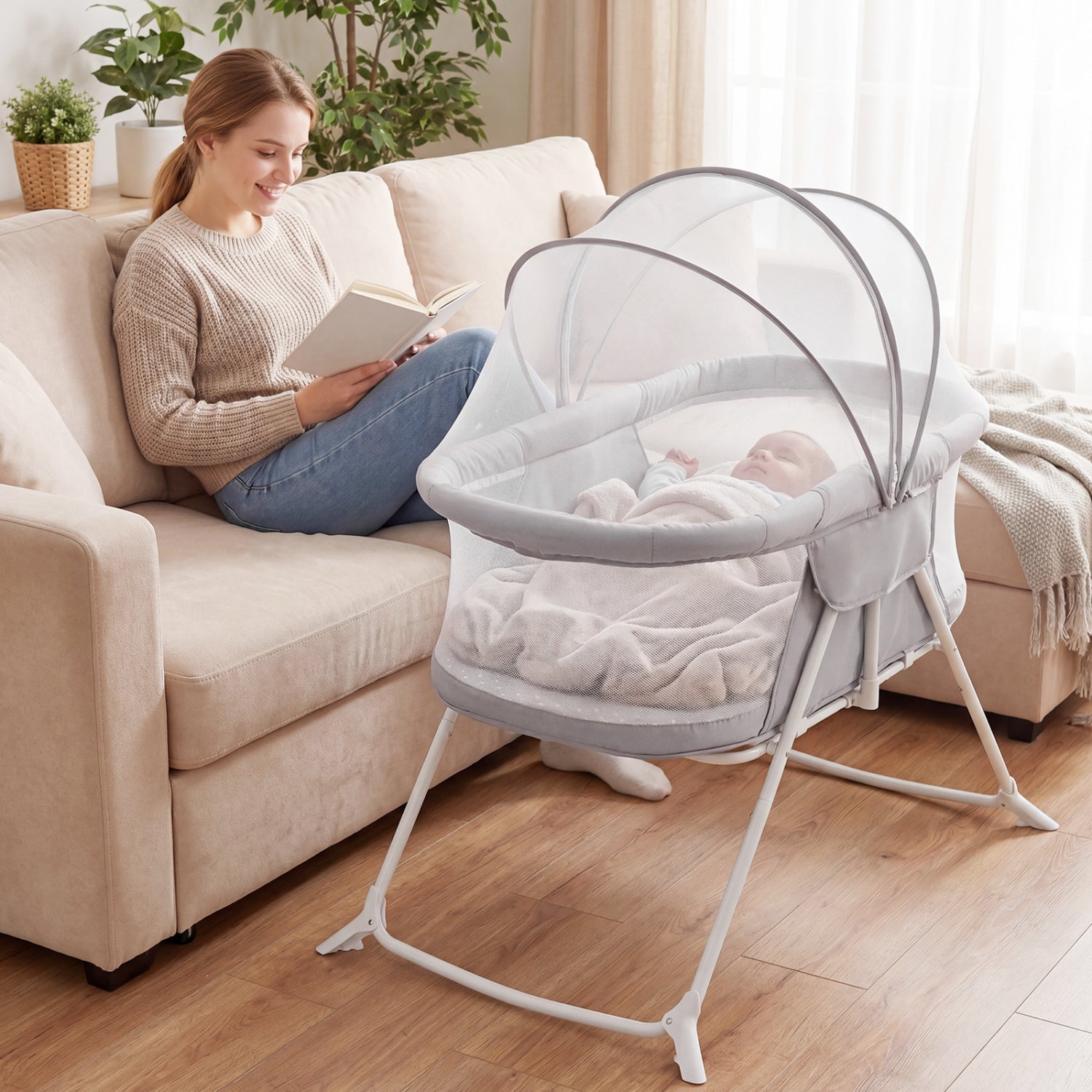2in1 Baby Bassinet with Rocking Motion, Foldable Bedside Sleeper, Gray Bassinets & Bedside Sleepers at Gallery Canada