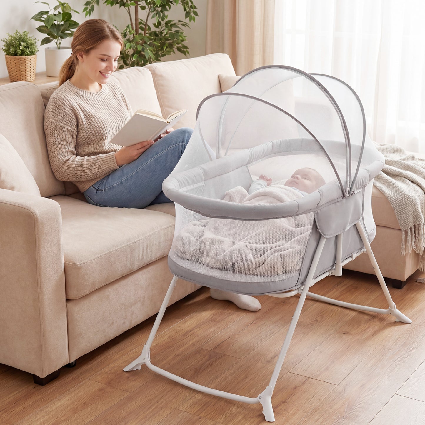 2in1 Baby Bassinet with Rocking Motion, Foldable Bedside Sleeper, Gray Bassinets & Bedside Sleepers at Gallery Canada