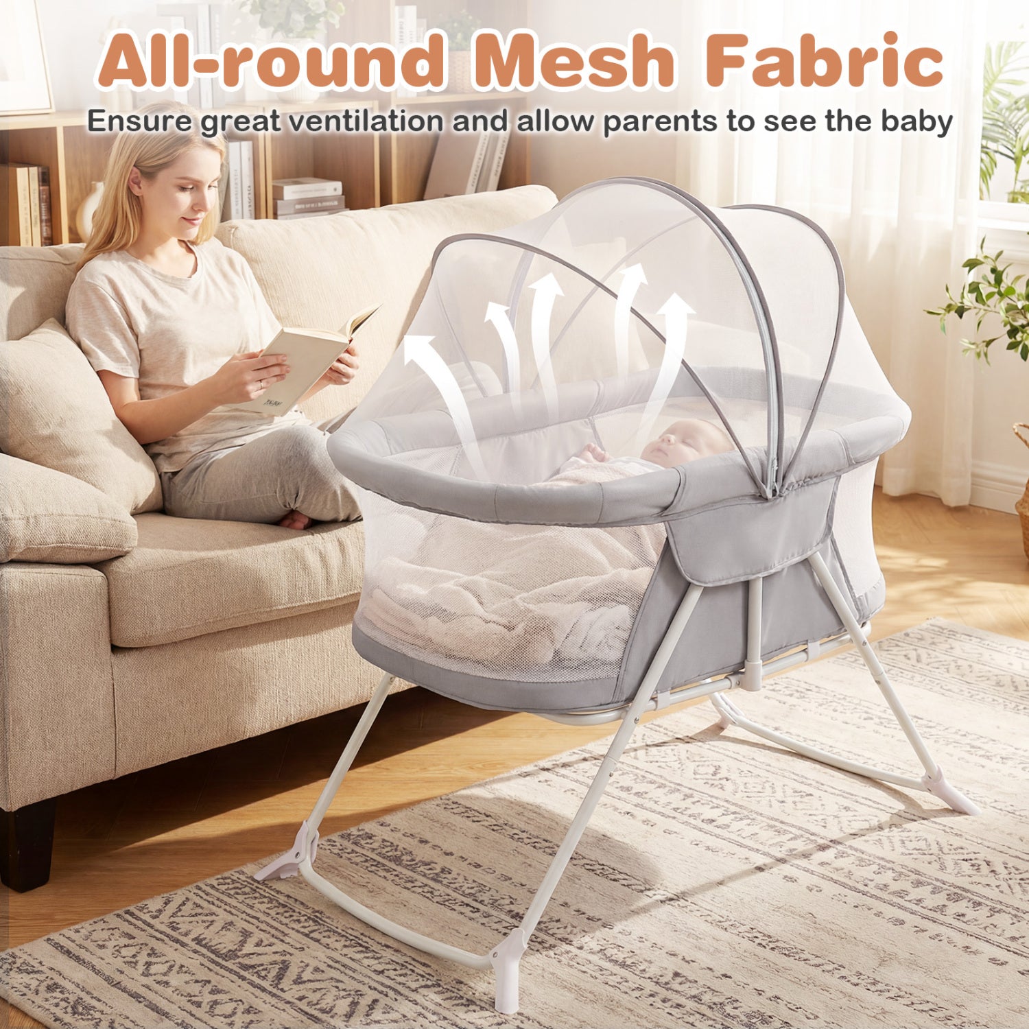 2in1 Baby Bassinet with Rocking Motion, Foldable Bedside Sleeper, Gray Bassinets & Bedside Sleepers at Gallery Canada
