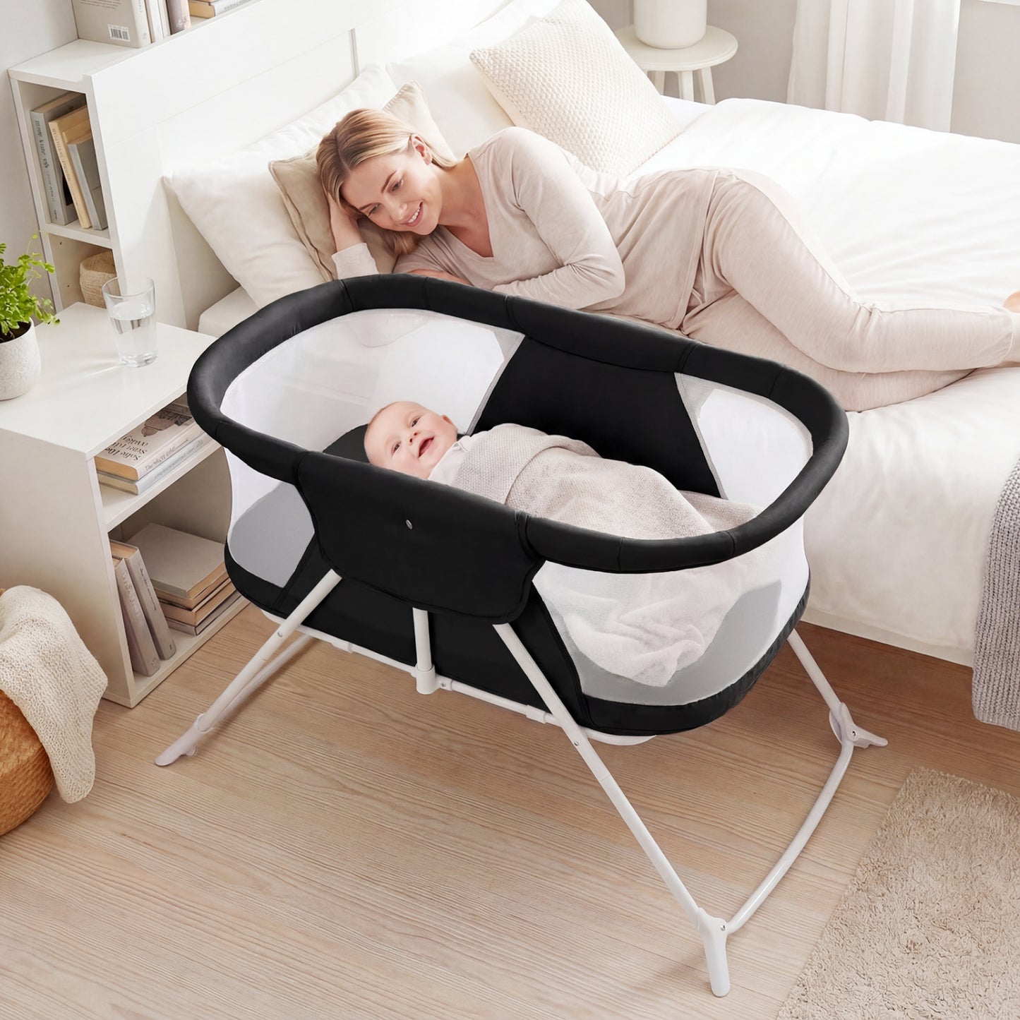 2 in 1 Baby Bassinet with Rocking Motion, Foldable Bedside Sleeper, Black Bassinets & Bedside Sleepers at Gallery Canada