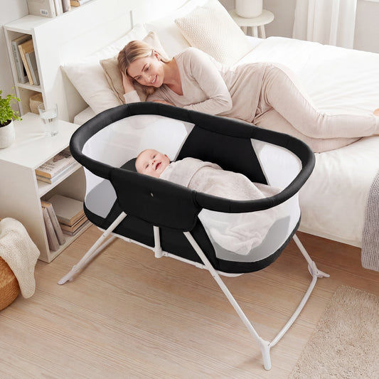 2 in 1 Baby Bassinet with Rocking Motion, Foldable Bedside Sleeper, Black Bassinets & Bedside Sleepers Black at Gallery Canada
