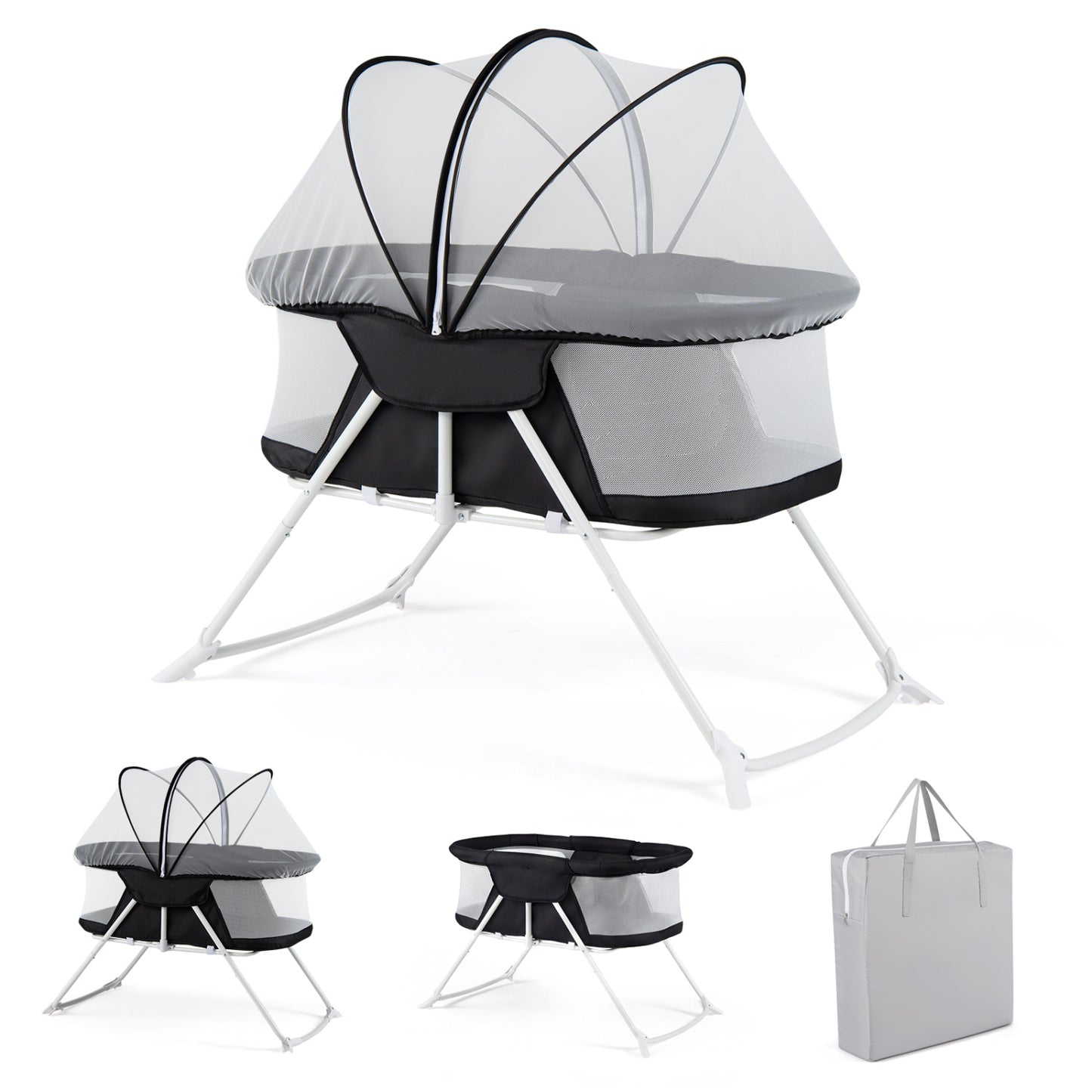 2 in 1 Baby Bassinet with Rocking Motion, Foldable Bedside Sleeper, Black Bassinets & Bedside Sleepers Black at Gallery Canada