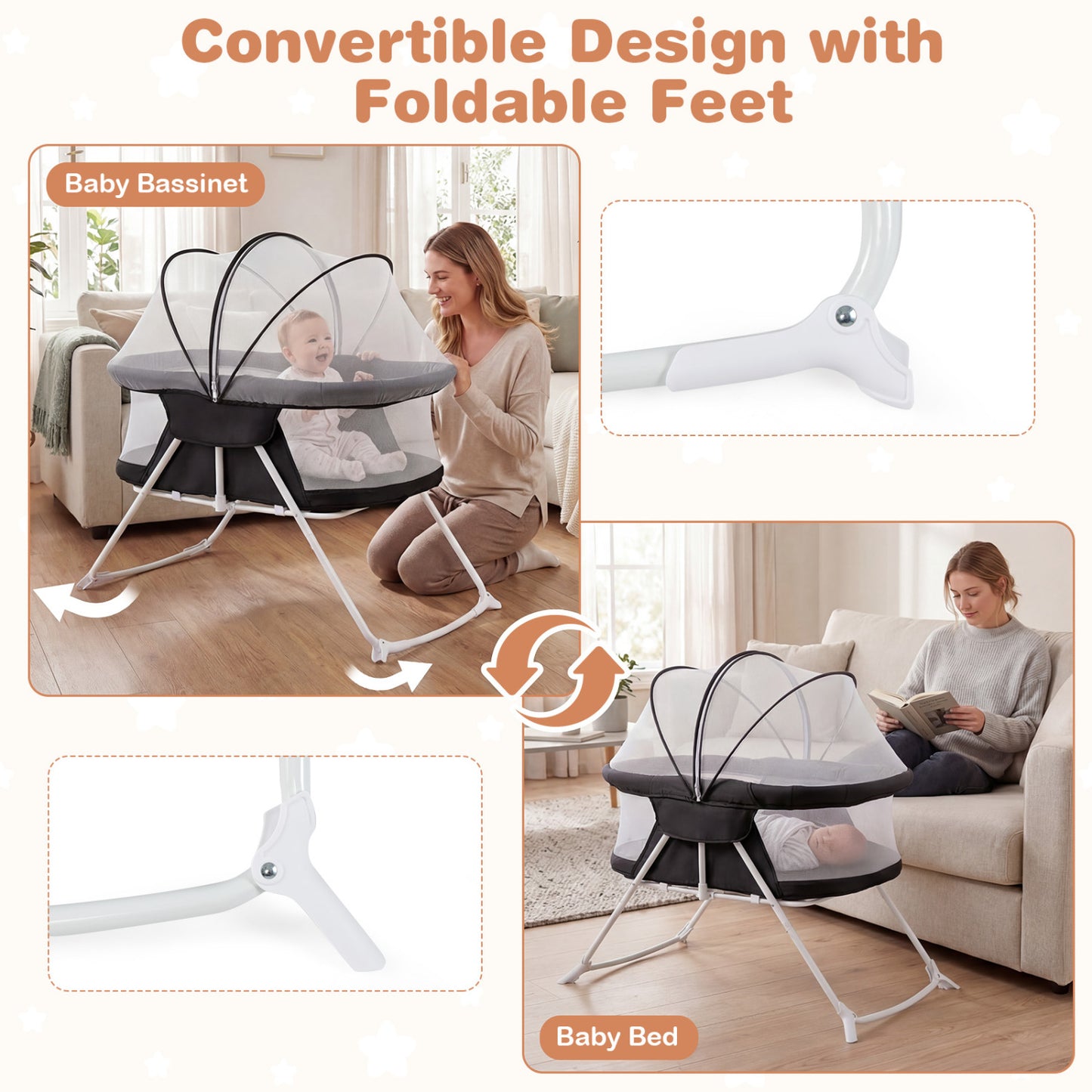 2 in 1 Baby Bassinet with Rocking Motion, Foldable Bedside Sleeper, Black Bassinets & Bedside Sleepers at Gallery Canada
