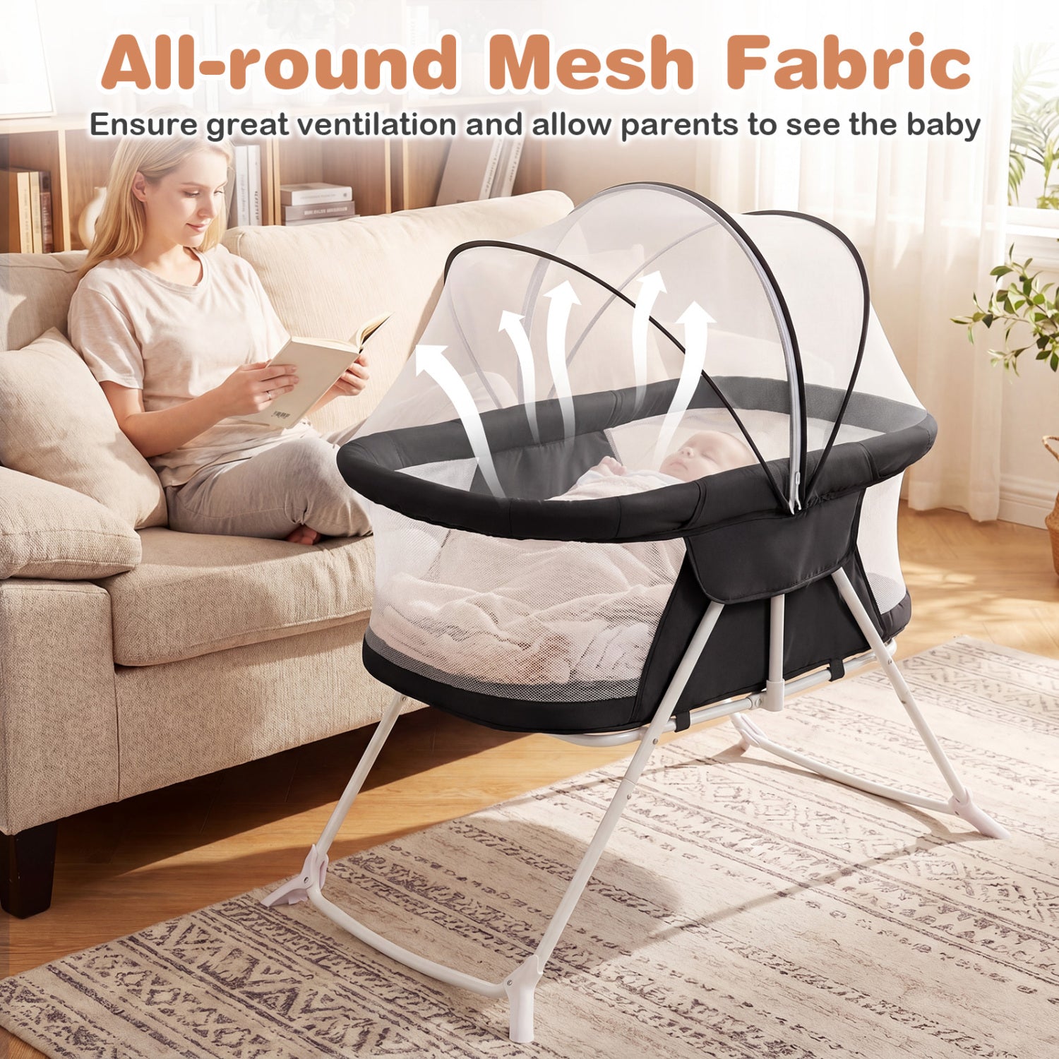 2 in 1 Baby Bassinet with Rocking Motion, Foldable Bedside Sleeper, Black Bassinets & Bedside Sleepers at Gallery Canada