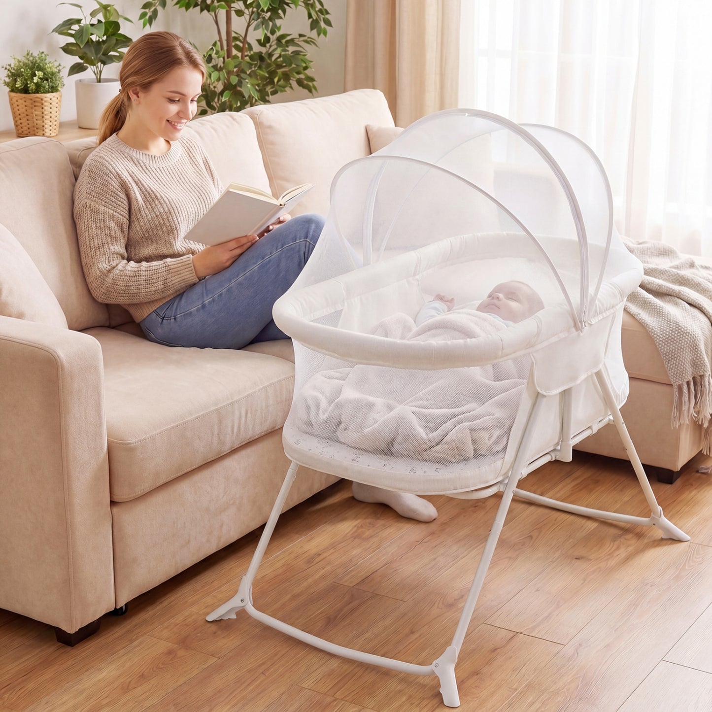 2-in-1 Baby Bassinet, Rocking Motion, Foldable Bedside Sleeper, Beige Bassinets & Bedside Sleepers at Gallery Canada