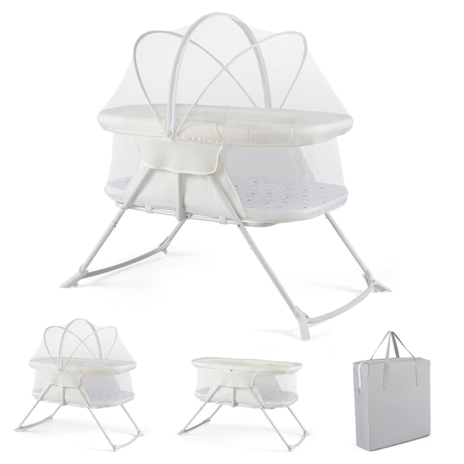2-in-1 Baby Bassinet, Rocking Motion, Foldable Bedside Sleeper, Beige Bassinets & Bedside Sleepers Beige at Gallery Canada