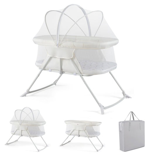 2-in-1 Baby Bassinet, Rocking Motion, Foldable Bedside Sleeper, Beige Bassinets & Bedside Sleepers Beige at Gallery Canada