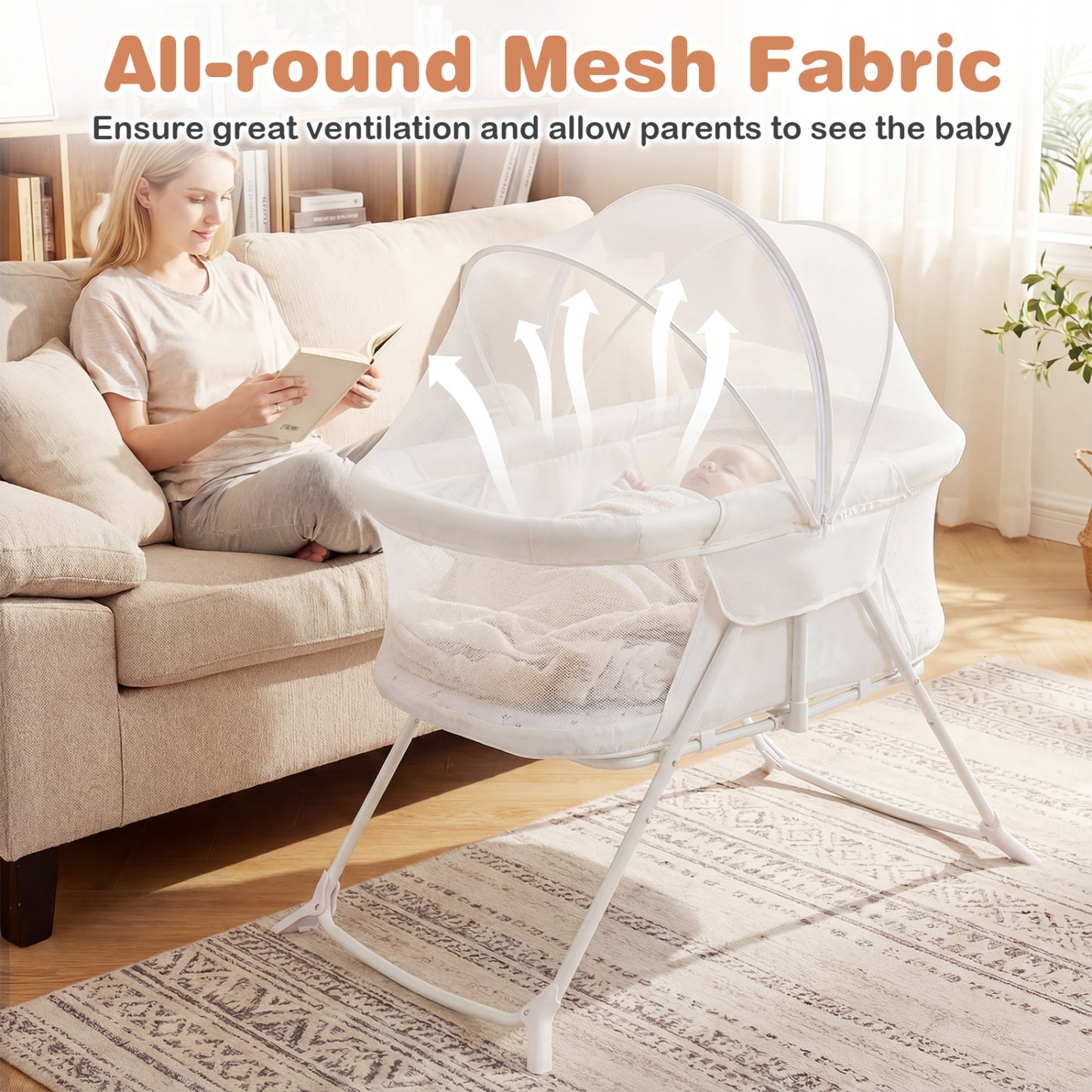 2-in-1 Baby Bassinet, Rocking Motion, Foldable Bedside Sleeper, Beige Bassinets & Bedside Sleepers at Gallery Canada