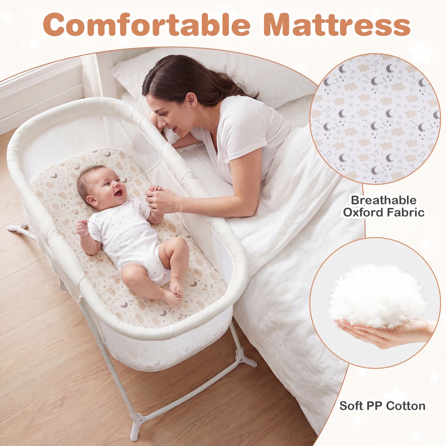 2-in-1 Baby Bassinet, Rocking Motion, Foldable Bedside Sleeper, Beige Bassinets & Bedside Sleepers at Gallery Canada
