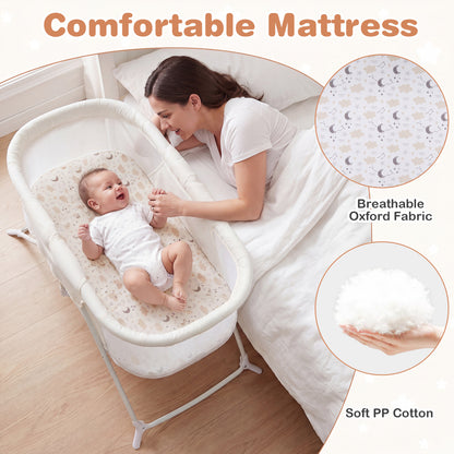 2-in-1 Baby Bassinet, Rocking Motion, Foldable Bedside Sleeper, Beige Bassinets & Bedside Sleepers at Gallery Canada
