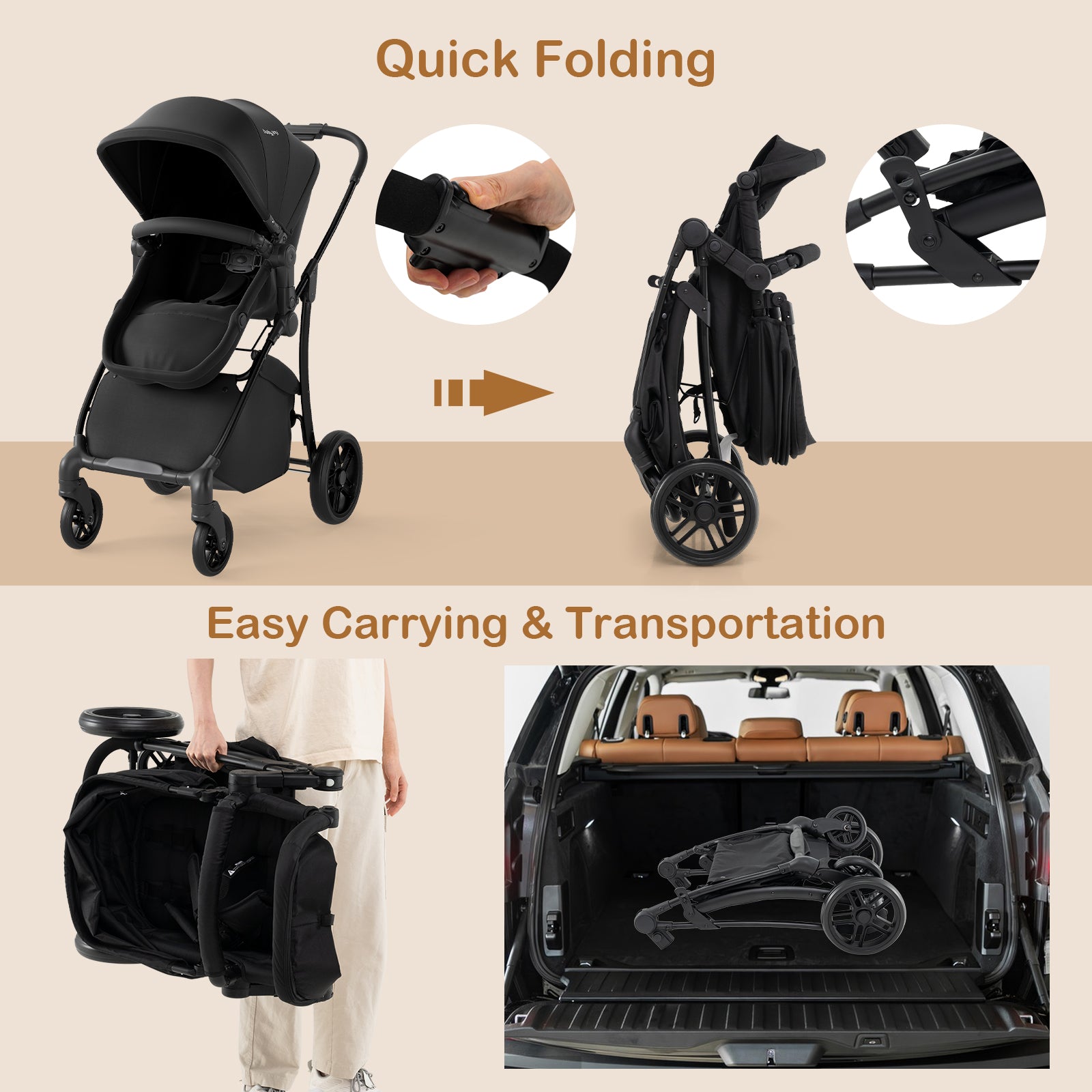 2-in-1 Baby Stroller with Bassinet Mode and Reversible Seat, Black Baby Strollers at Gallery Canada