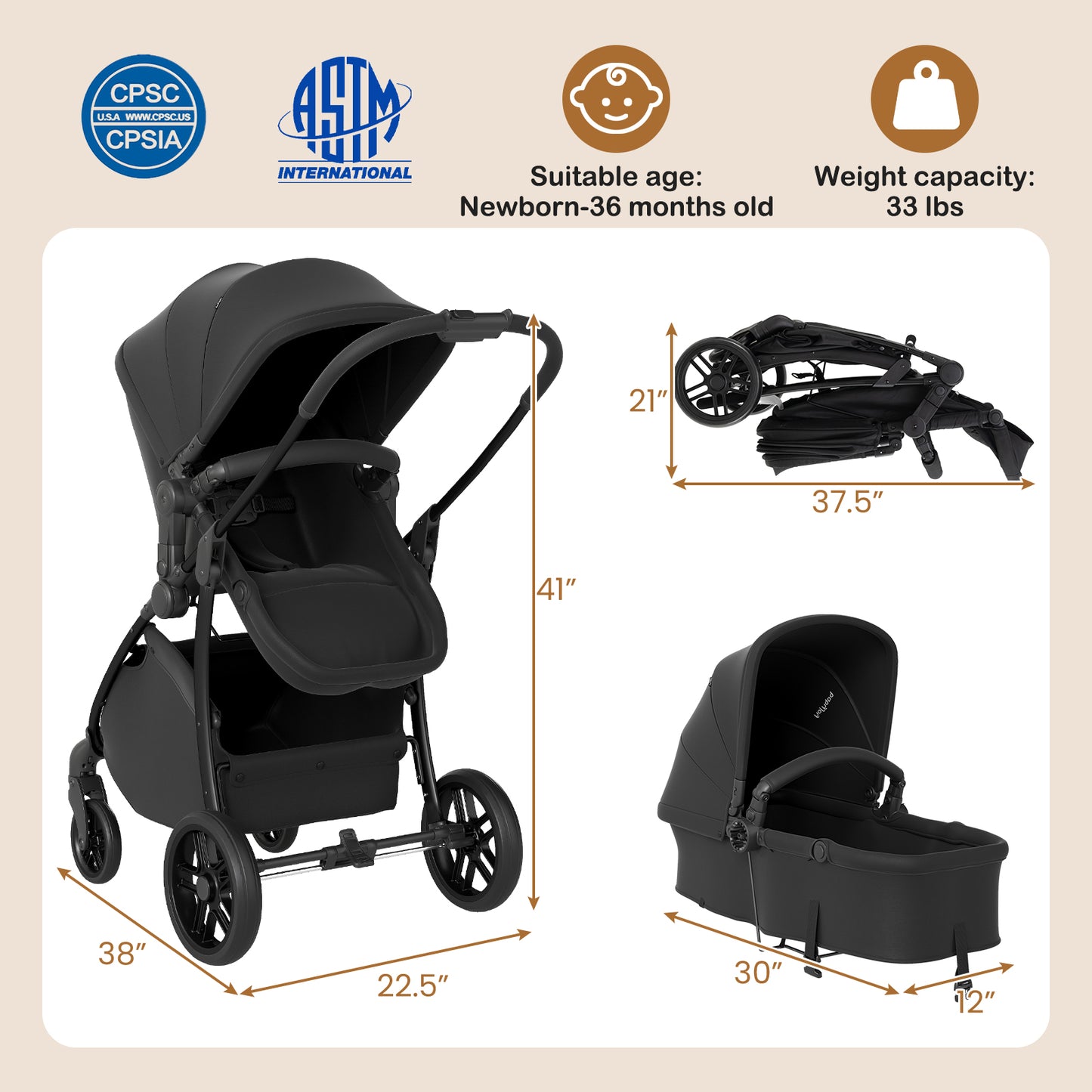 2-in-1 Baby Stroller with Bassinet Mode and Reversible Seat, Black Baby Strollers at Gallery Canada