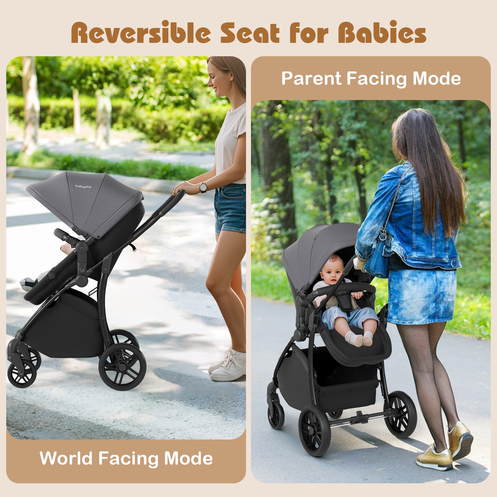 2-in-1 Baby Stroller with Bassinet Mode and Reversible Seat, Gray Baby Strollers at Gallery Canada