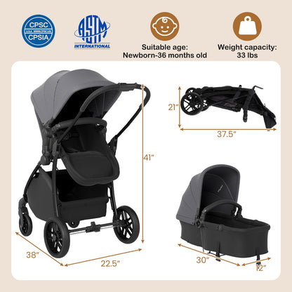 2-in-1 Baby Stroller with Bassinet Mode and Reversible Seat, Gray Baby Strollers at Gallery Canada
