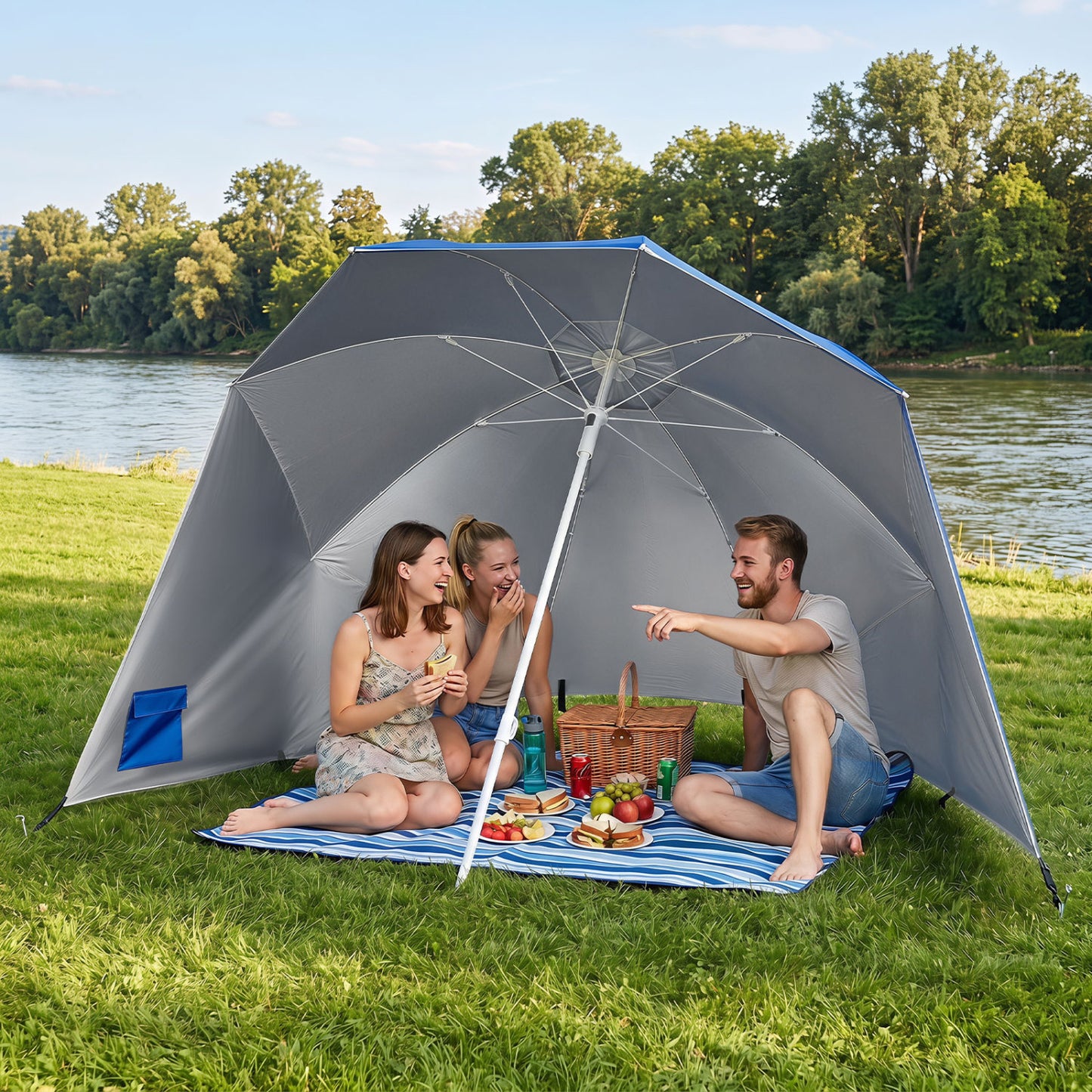 Beach Shelter Umbrella UPF 50+, Side Panels, Blue