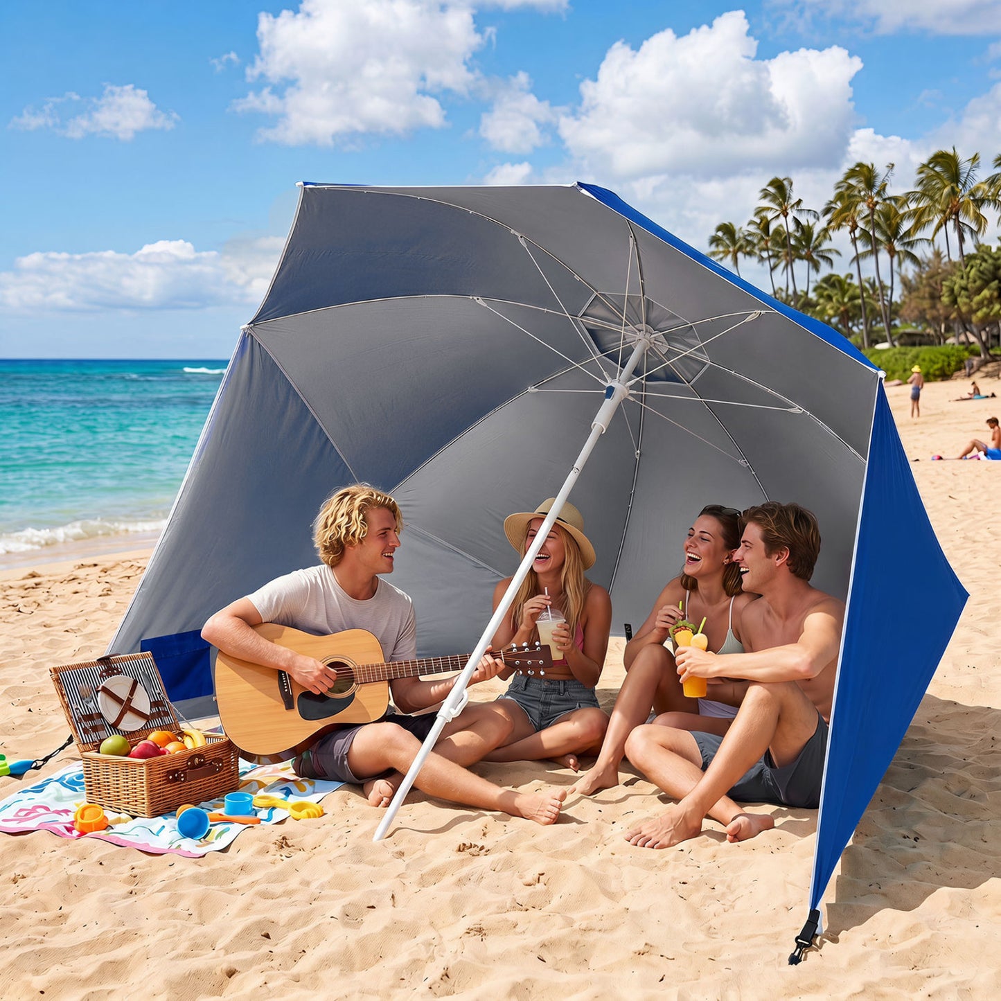 Beach Shelter Umbrella UPF 50+, Side Panels, Blue