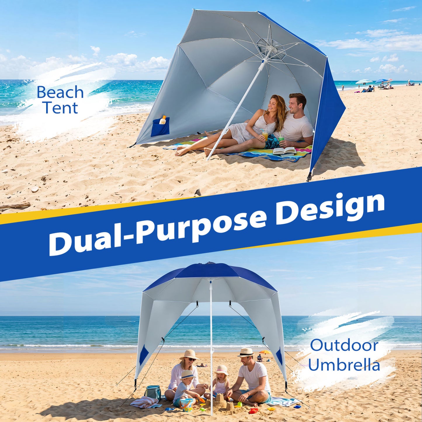 Beach Shelter Umbrella UPF 50+, Side Panels, Blue