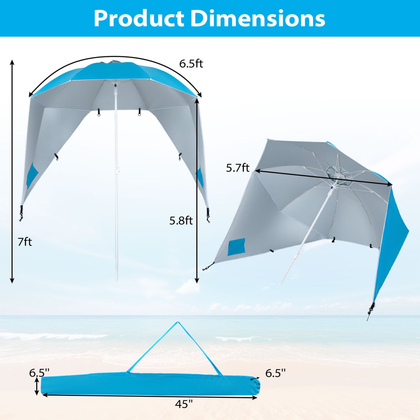 UPF 50+ Beach Shelter Umbrella, Turquoise
