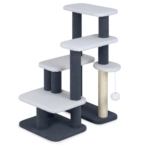 2-in-1 Cat Stairs Cat Tree Tower with Scratching Posts and Hanging Toy Ball, Gray