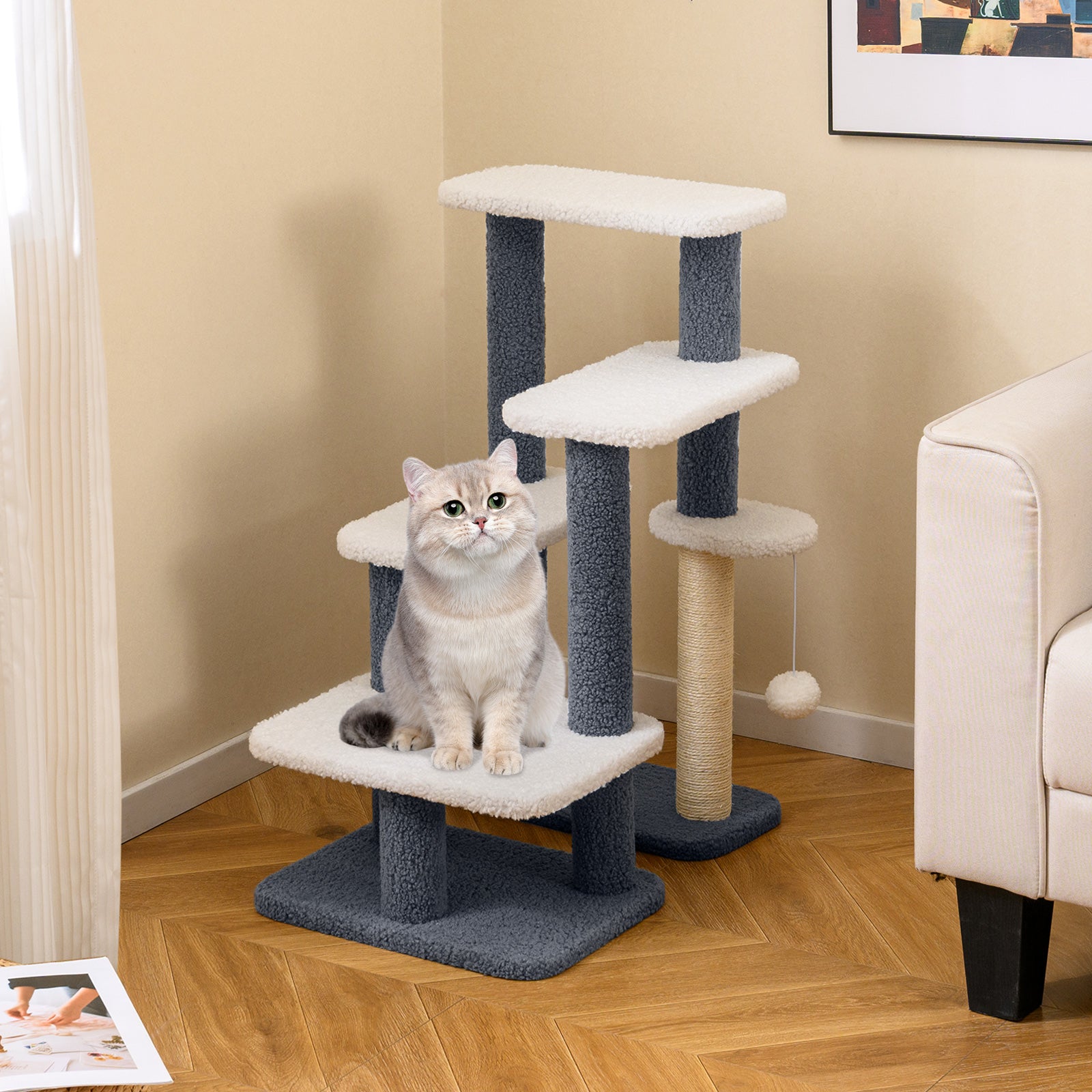 Cat Stairs Tree Tower, Scratching Posts, Hanging Toy Ball, Gray Cat Trees Condos & Scratchers at Gallery Canada