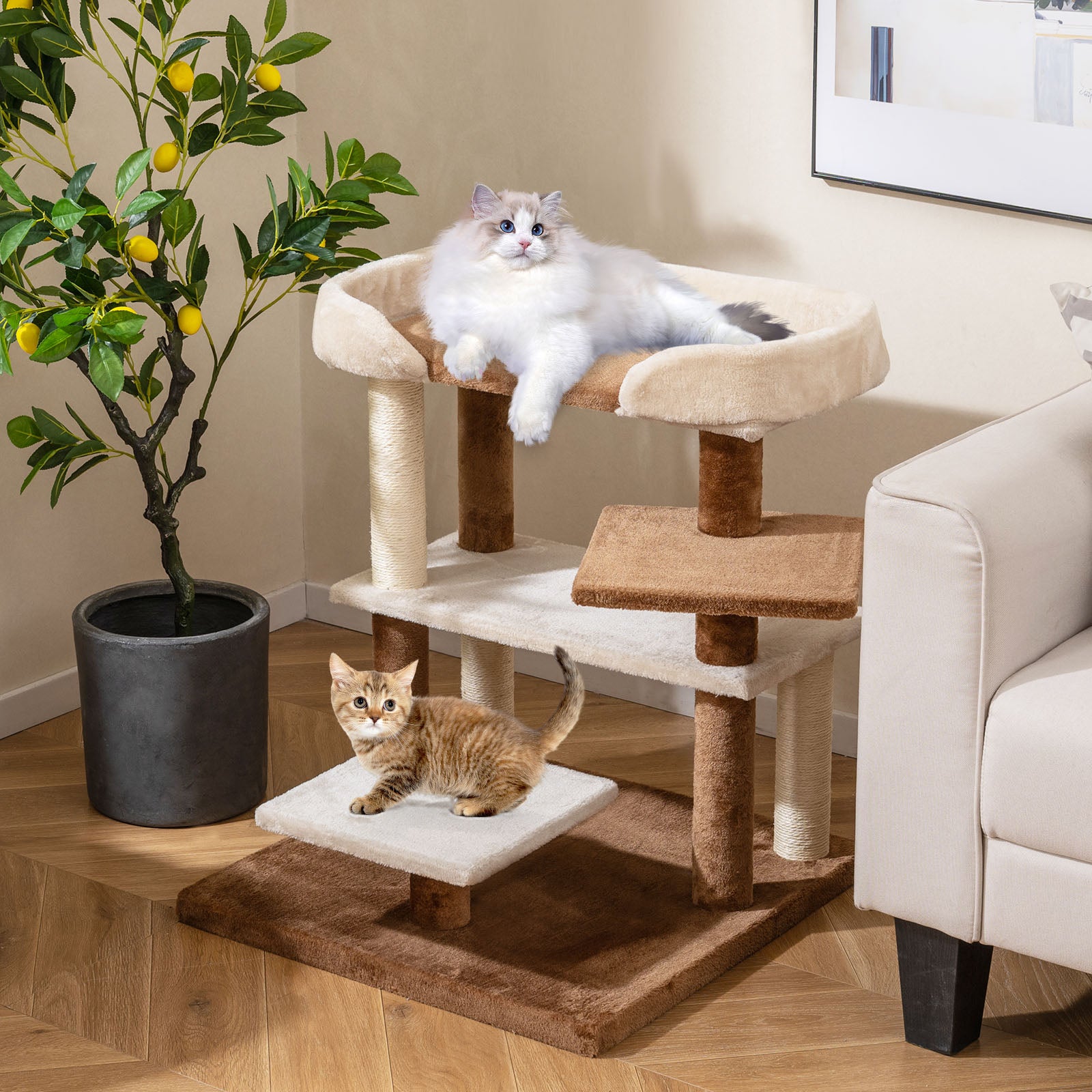 2-in-1 Cat Tree Tower Pet Steps with Sisal Scratching Posts and 4 Large Platforms, Brown Cat Trees Condos & Scratchers at Gallery Canada