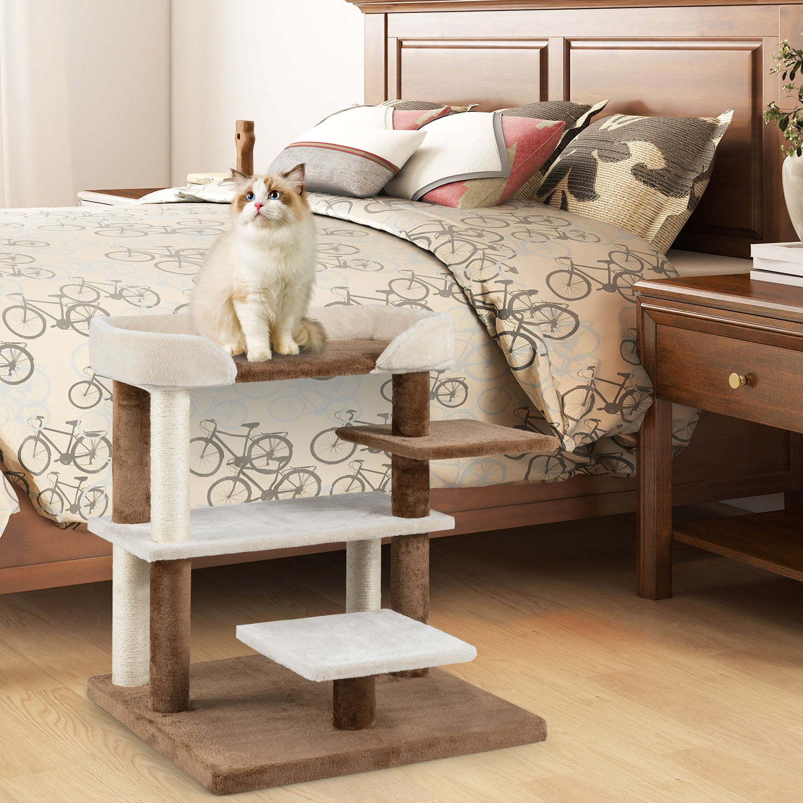 2-in-1 Cat Tree Tower Pet Steps with Sisal Scratching Posts and 4 Large Platforms, Brown Cat Trees Condos & Scratchers at Gallery Canada