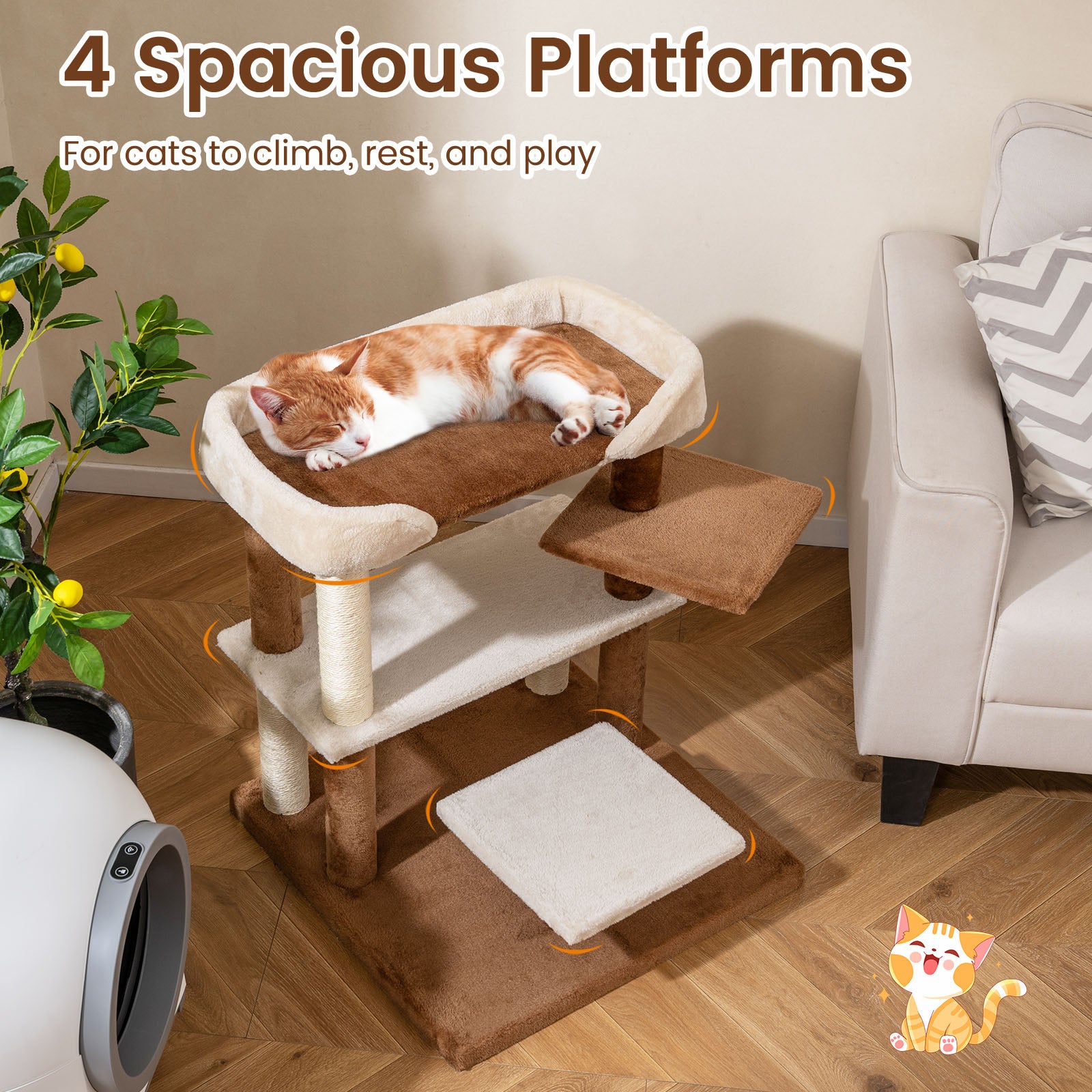 2-in-1 Cat Tree Tower Pet Steps with Sisal Scratching Posts and 4 Large Platforms, Brown Cat Trees Condos & Scratchers at Gallery Canada