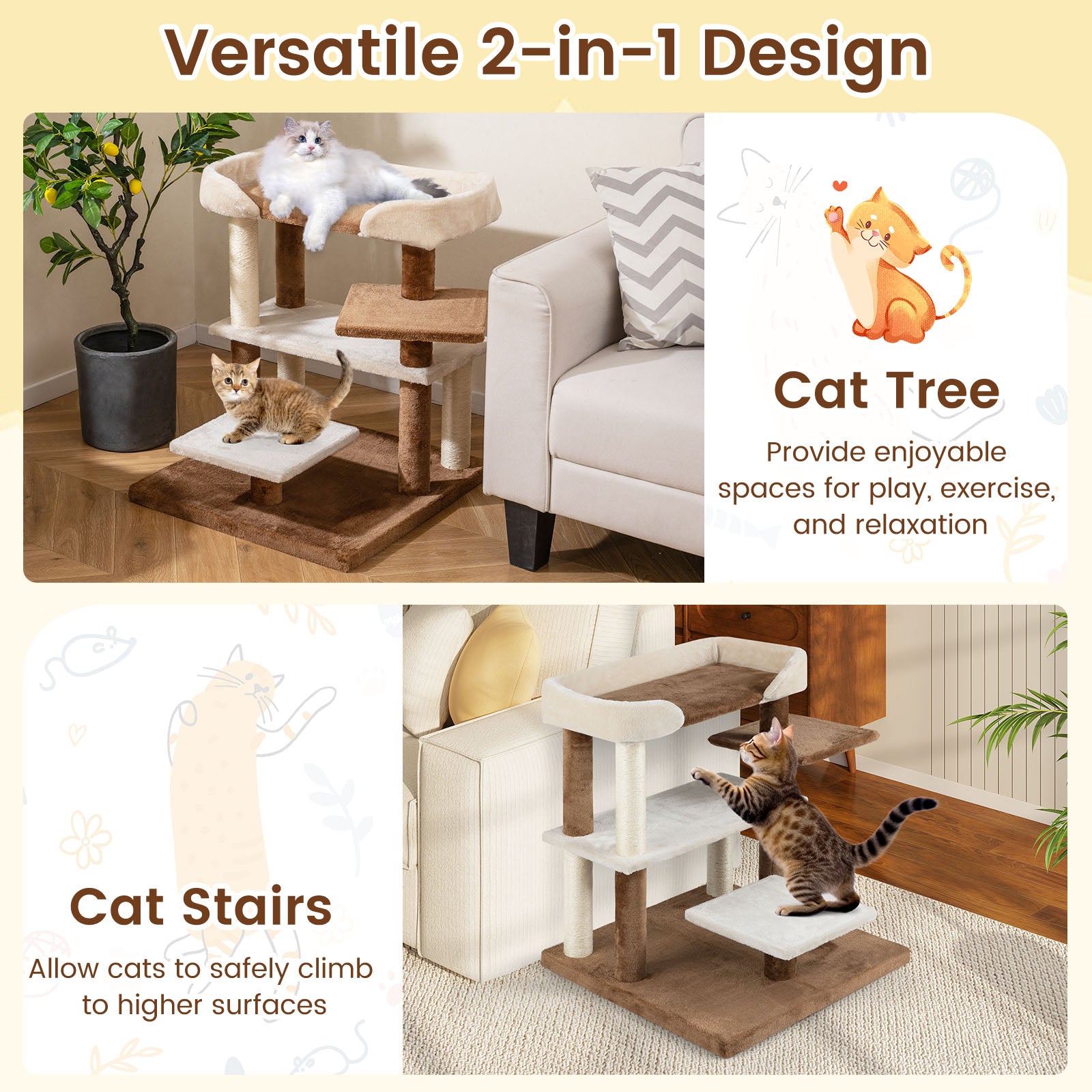 2-in-1 Cat Tree Tower Pet Steps with Sisal Scratching Posts and 4 Large Platforms, Brown Cat Trees Condos & Scratchers at Gallery Canada