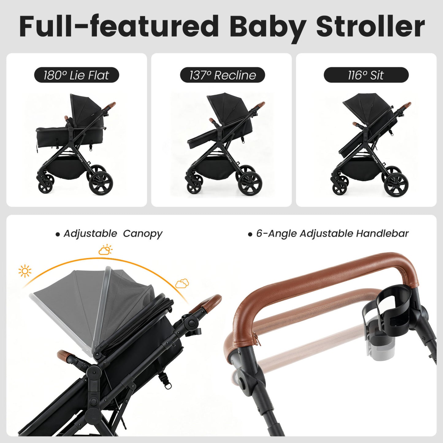 2-in-1 Convertible Baby Stroller with Car Seat Adapters, Black
