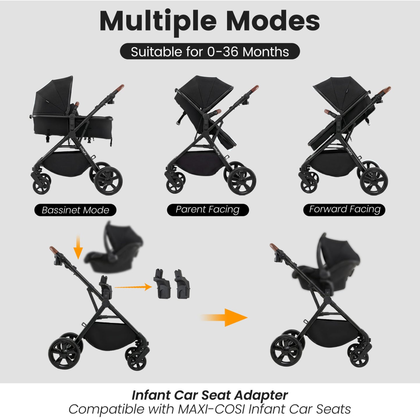 2-in-1 Convertible Baby Stroller with Car Seat Adapters, Black