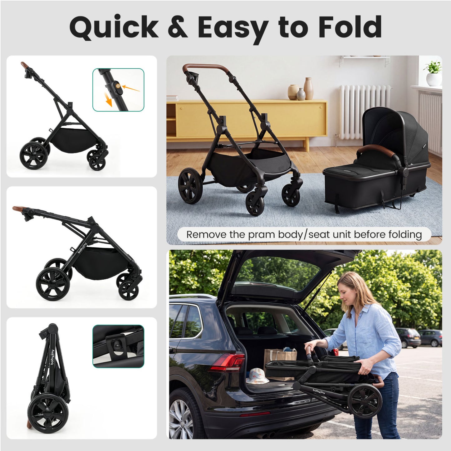 2-in-1 Convertible Baby Stroller with Car Seat Adapters, Black
