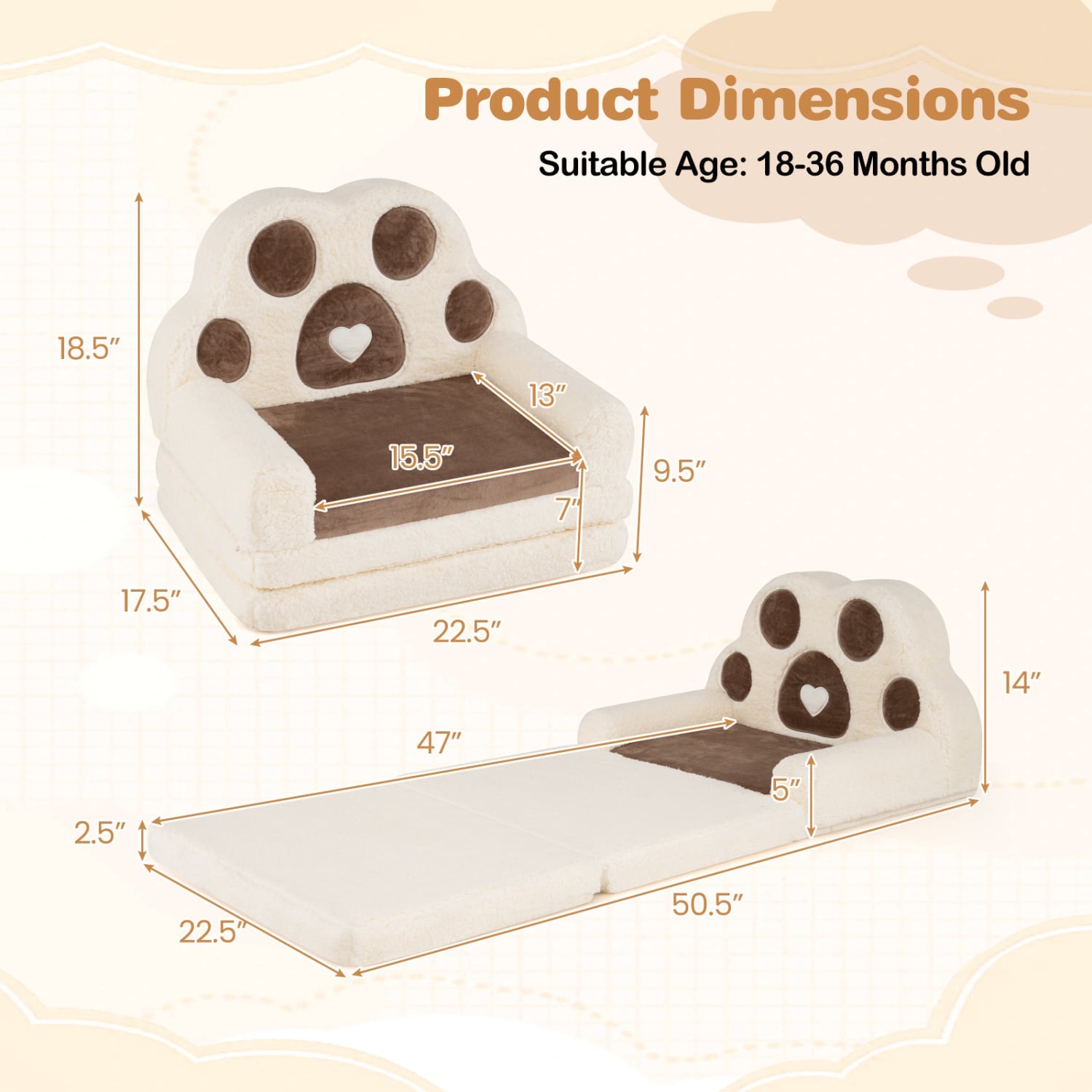 2-in-1 Convertible Kids Sofa to Lounger with Removable Cover, Brown Kids Chairs & Seating at Gallery Canada