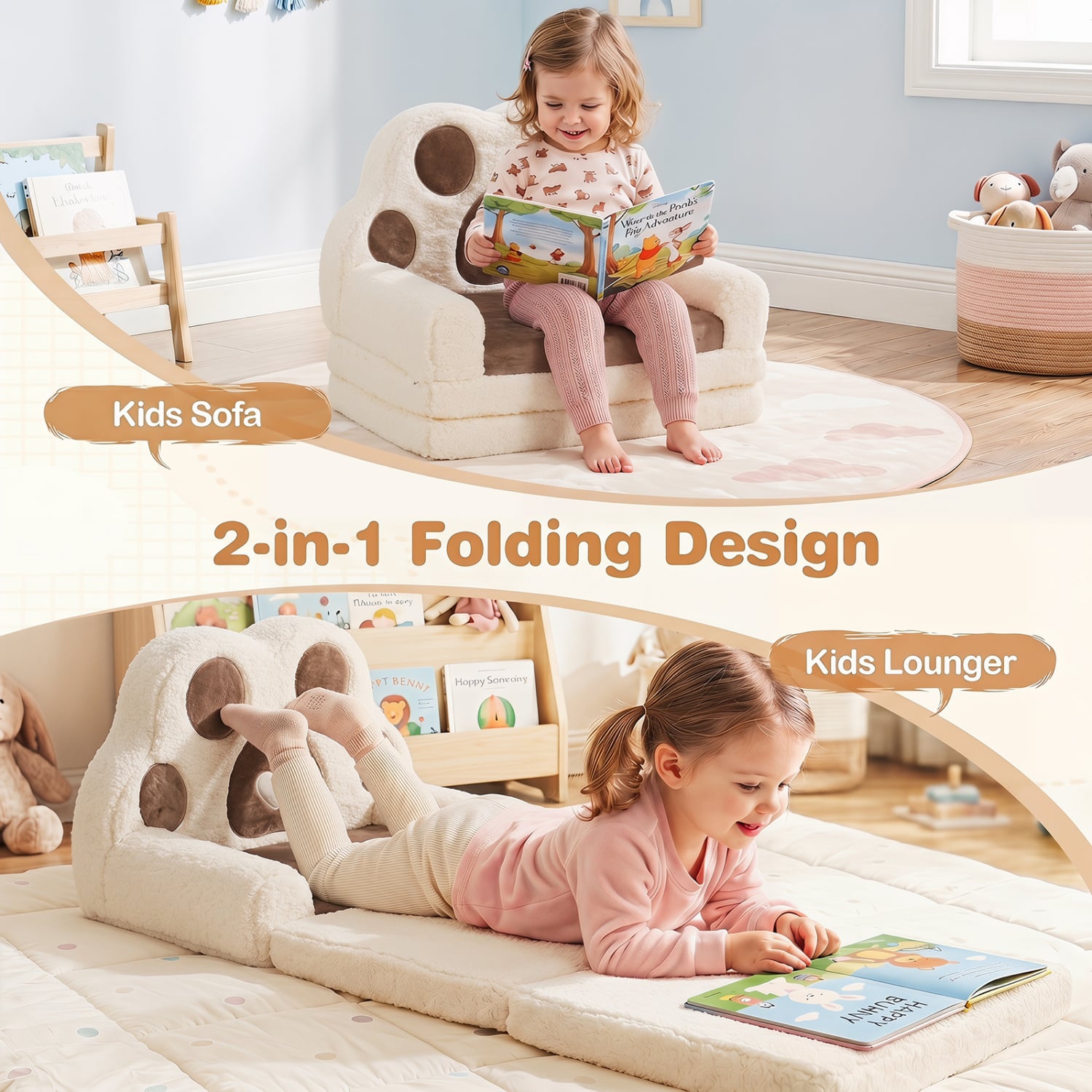 2-in-1 Convertible Kids Sofa to Lounger with Removable Cover, Brown Kids Chairs & Seating at Gallery Canada