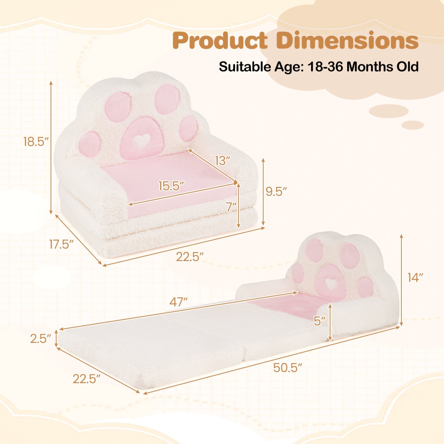 2-in-1 Convertible Kids Sofa to Lounger with Removable Cover, Pink Kids Chairs & Seating at Gallery Canada