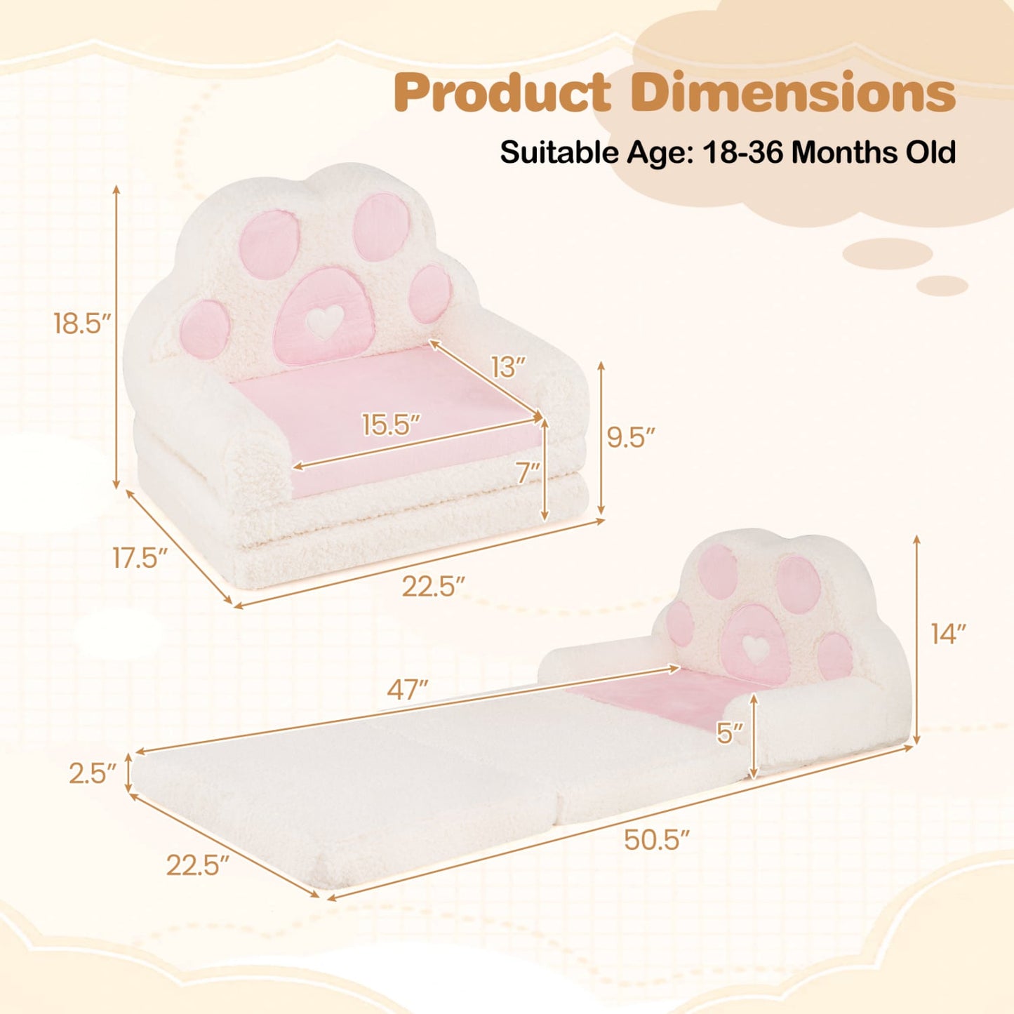 2-in-1 Convertible Kids Sofa to Lounger with Removable Cover, Pink Kids Chairs & Seating at Gallery Canada
