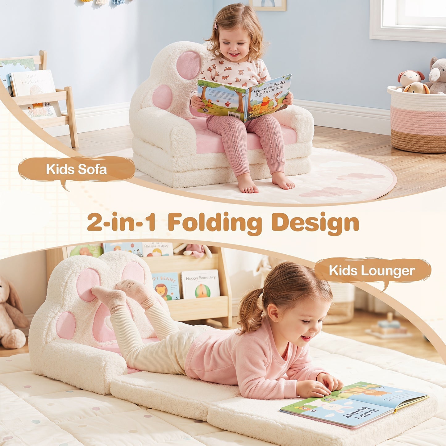 2-in-1 Convertible Kids Sofa to Lounger with Removable Cover, Pink Kids Chairs & Seating at Gallery Canada