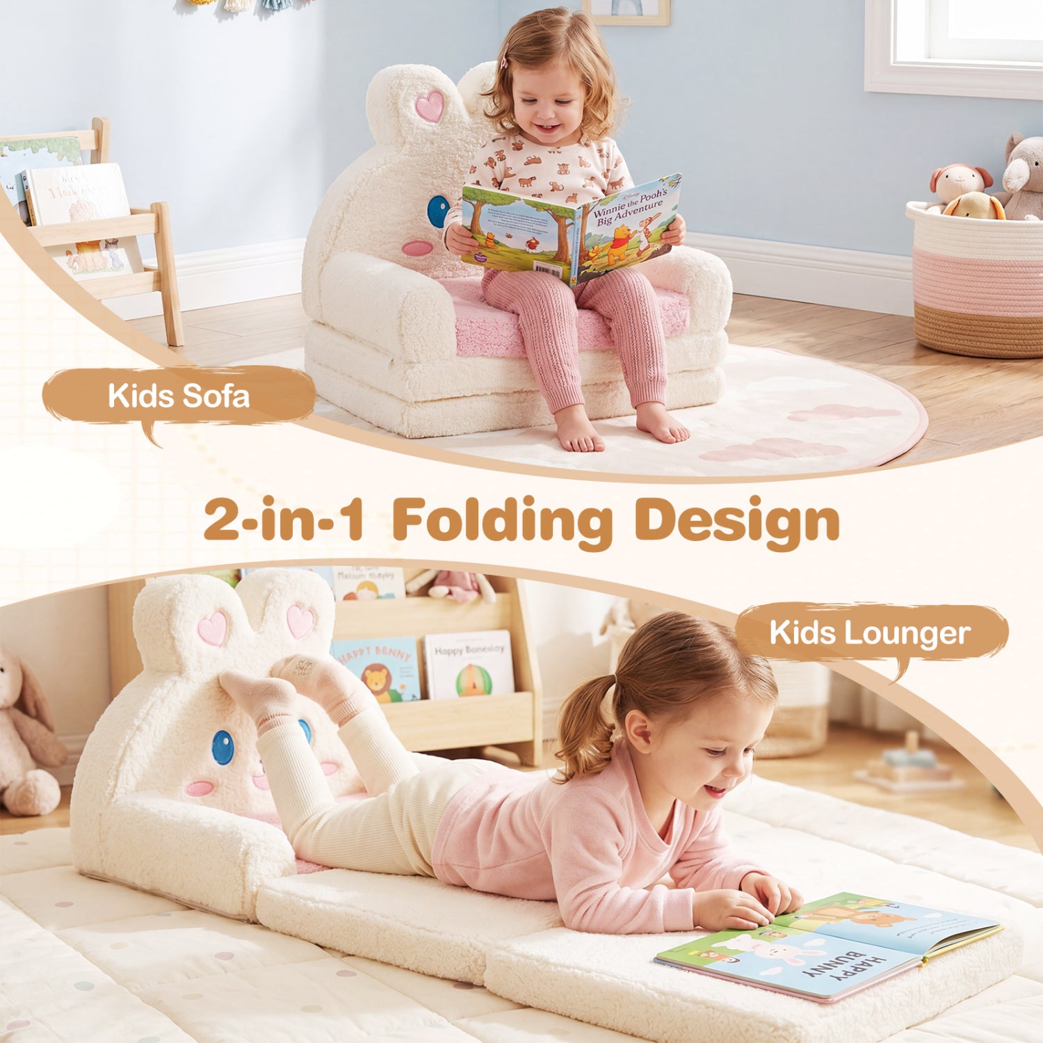 Convertible Kids Sofa Lounger, Bunny Pattern, Pink Kids Chairs & Seating at Gallery Canada