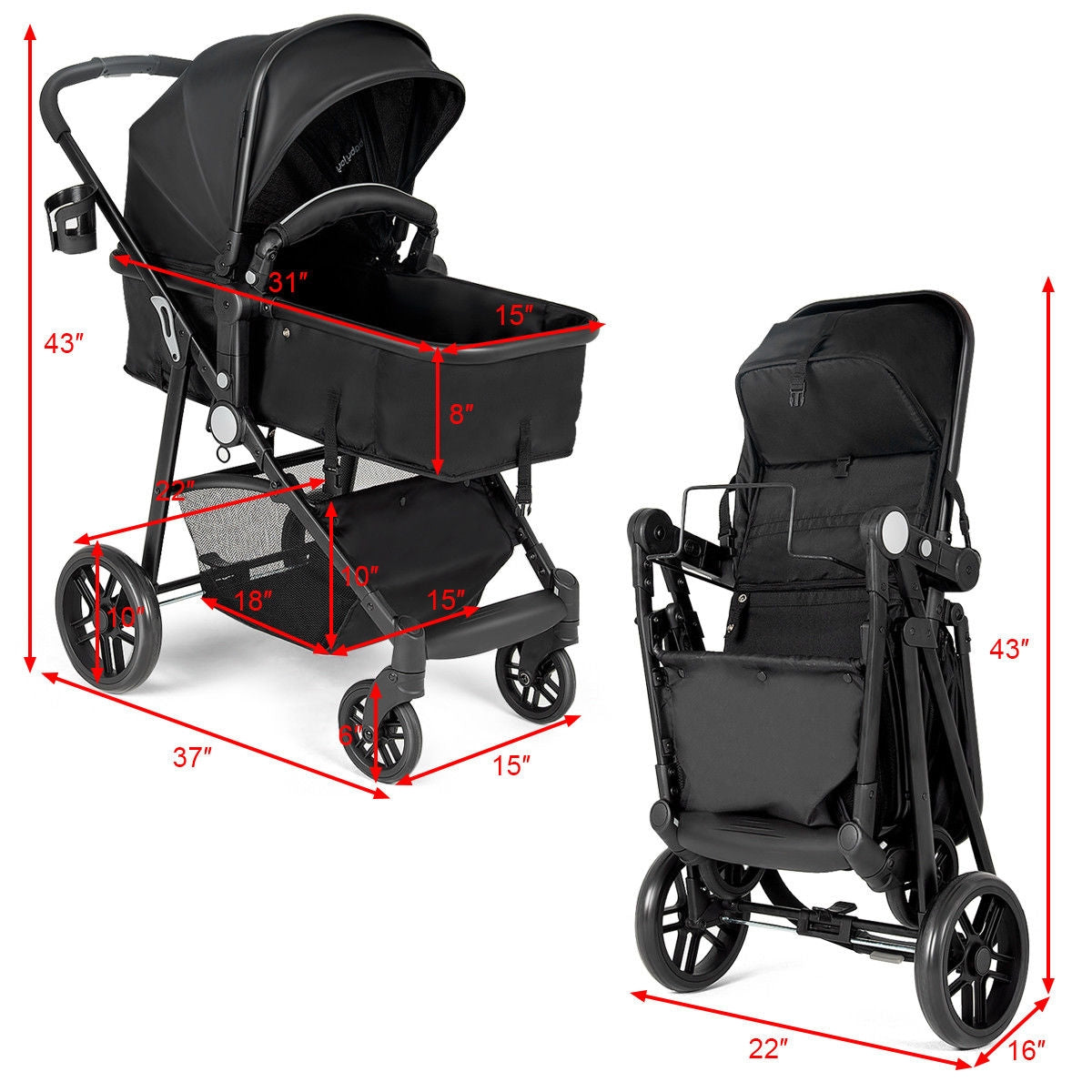 2 in 1 Foldable Pushchair Newborn Infant Baby Stroller, Black Baby Strollers at Gallery Canada