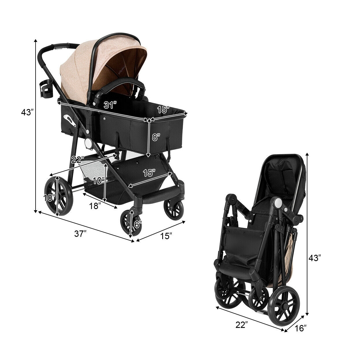 2 in 1 Foldable Pushchair Newborn Infant Baby Stroller, Coffee Baby Strollers at Gallery Canada