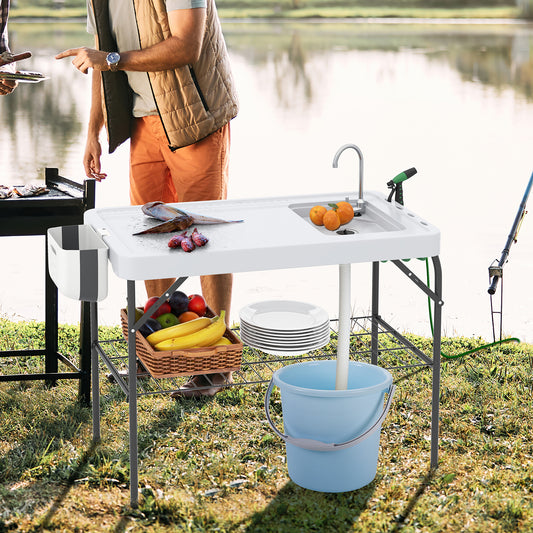2 in 1 Folding Fish Cleaning Table with Sink and Faucet for Patio BBQ Camping Furniture White, Black at Gallery Canada
