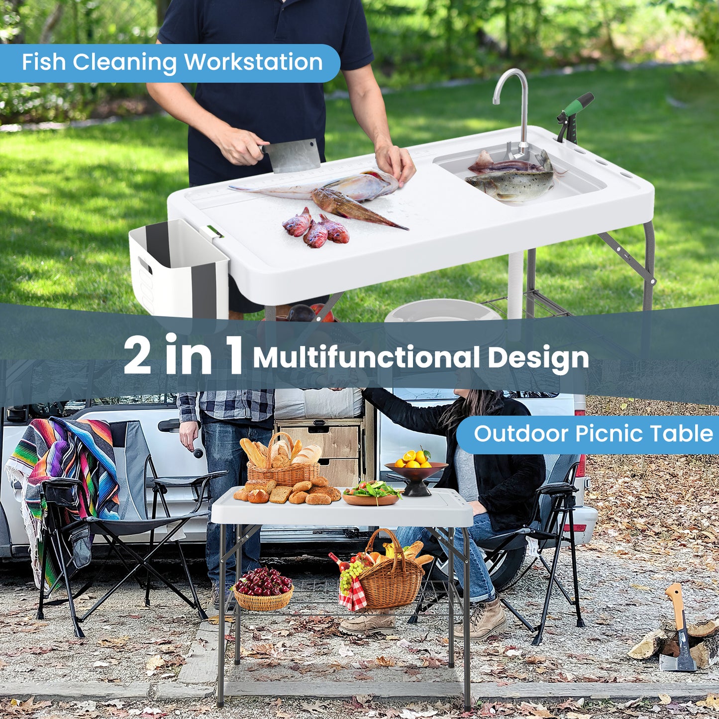 2 in 1 Folding Fish Cleaning Table with Sink and Faucet for Patio BBQ Camping Furniture at Gallery Canada